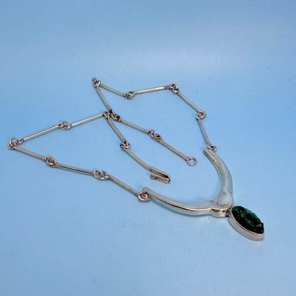 Sterling Silver 925 Carved Malachite Aztec Mask Gemstone Necklace 17.5\'\' Length